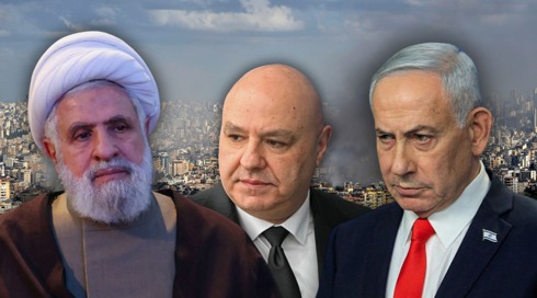 ראש הממשלה בנימין נתניהו (ימין), נשיא לבנון ג'וזף עאון ומזכ"ל חיזבאללה נעים קאסם